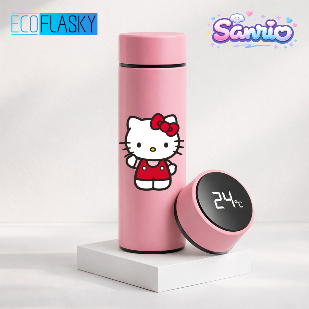 Garrafa Térmica De Água Hello Kitty Sanrio Estampada Aço Medidor de Temperatura LED Digital 500ml