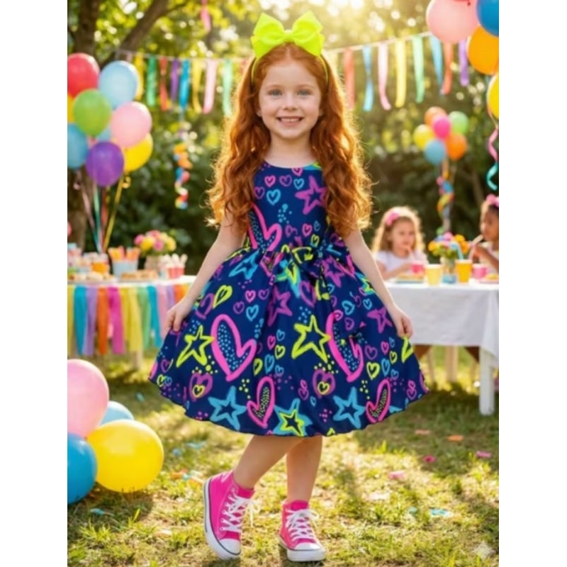 Vestido Infantil Azul Brilha no escuro C/ Broche de Laço Vestido Vestido de Festas para meninas e laço