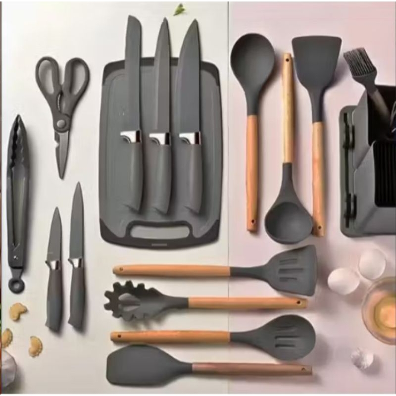 Kit Conjunto De 19 Peças Utensílios Cozinha Silicone Tabua Cor Preto