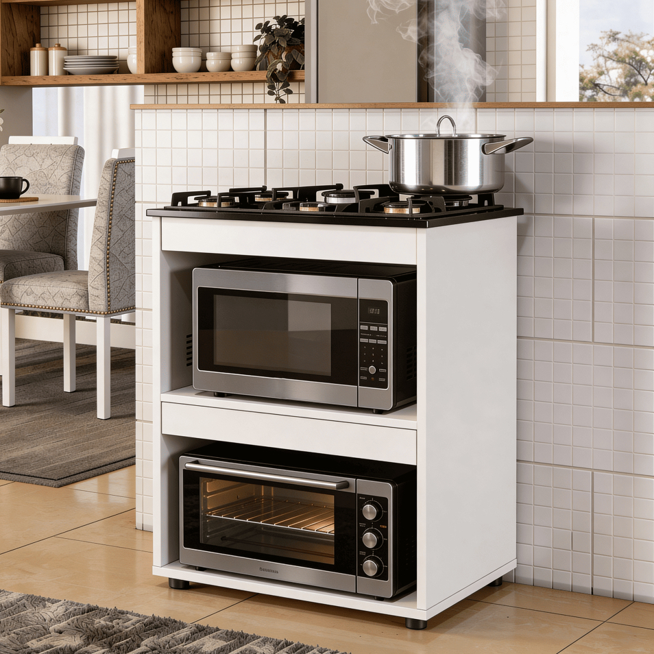 Imagem Balcão p/ Cooktop 4 ou 5 Bocas Cozinha Moderna Armário 2 Nichos Organizador Tampo Madeira Blue Moby