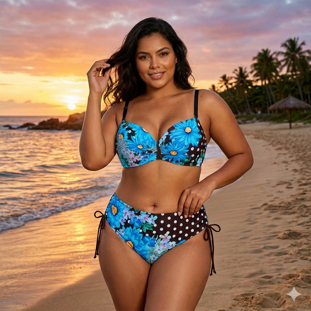 Conjunto Biquíni Plus Size Floral CinturaAlta 46-52 Feminino Azul Preto Rosa Vermelho ModaPraia 2026