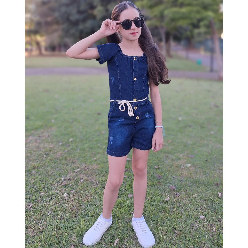 Macaquinho Jeans Infantil Feminino 4 a 12 Anos – Roupa Menina Curto com Cinto Verão Casual