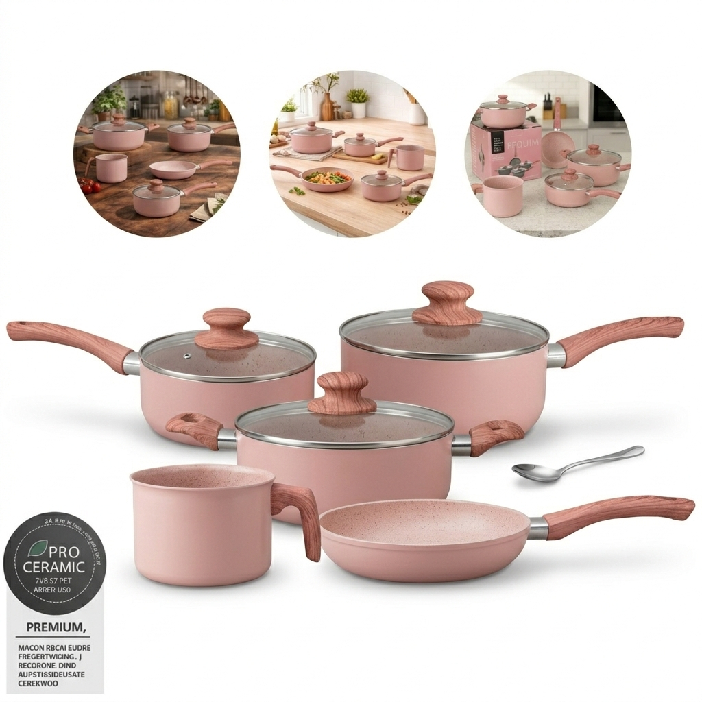 Kit Jogo De Panelas 5 Peças Antiaderente Cerâmico Napoli Cabo de Madeira Soft Touch Tampa de Vidro