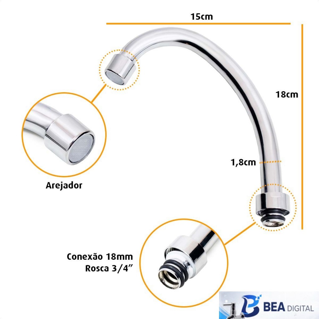 Tubo Bica Movel De Reposicao Torneira 3/4 C/ Arejador Removi Prateado Brilhante Cromado