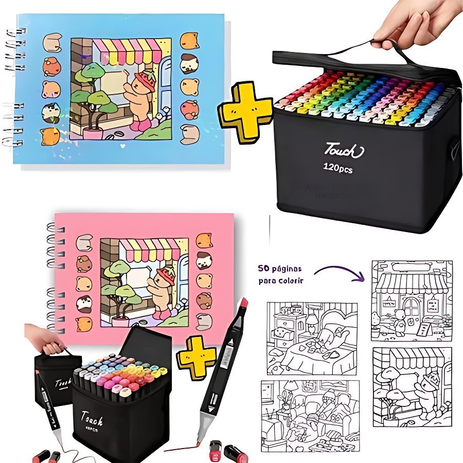 Kit Livro de Colorir Capa Dura 50 Páginas com Canetas Marcadoras Dupla Ponta 24/36/48/60/80/Cores em Oferta na Shopee