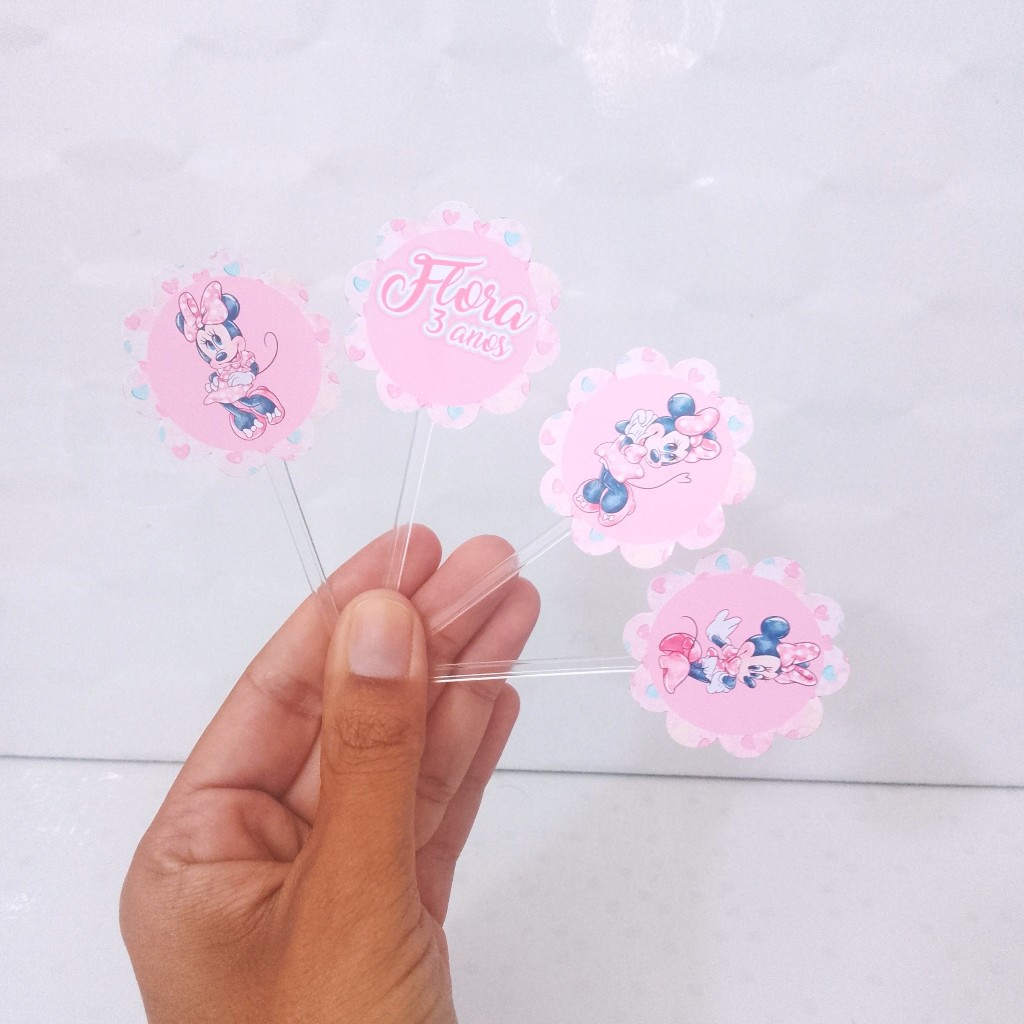 Topper de Doce Minnie Rosa Aquarela Personalizado Kit 20 - Festa Infantil Lembrancinha