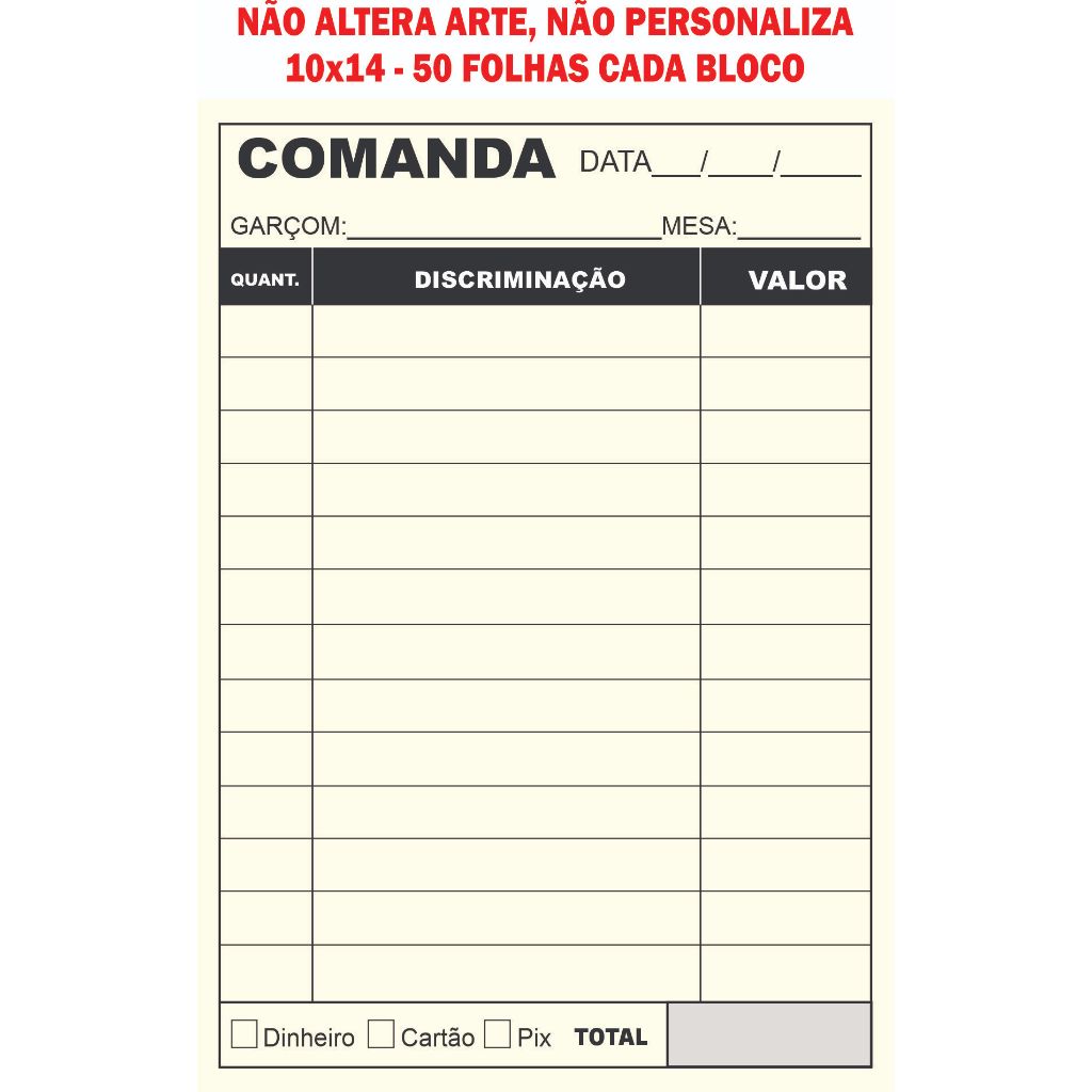 05 Blocos Comanda Padrão 10x14 c/50 folhas por bloco Lanchonete Barzinho Restaurante Delivery Papelaria
