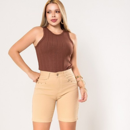 Bermuda Feminina em Sarja com Elastano Levanta Bumbum Cintura Alta Lançamento Shopee