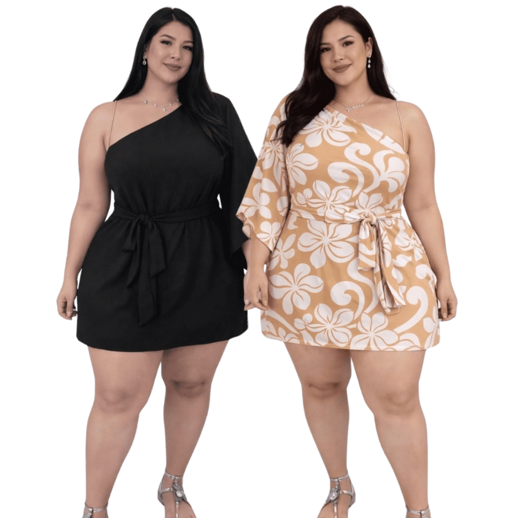 Macaquinho Short Manga Solta Gola Assimétrica Cinto na Cintura Elástico Costa Moda Plus Size e Curves