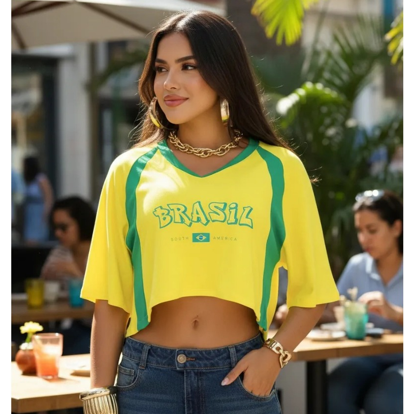 Blusa Brasil Cropped Oversize Feminina Copa do Mundo Moda Blogueira Tendência Viscolycra