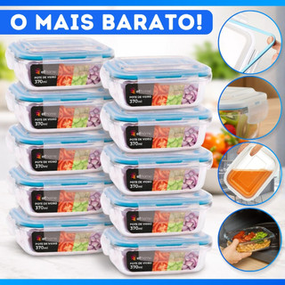 Kit 10 Potes de Vidro 370ml Hermético Marmita Fit com Tampa 4 Travas - OFERTA - FULL - ME…