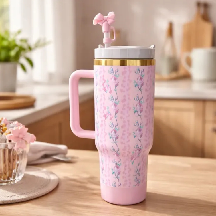 Garrafa 1200ml Térmica Estampa Floral C/ Capinha Silicone Na Base + Tampa Para Canudo