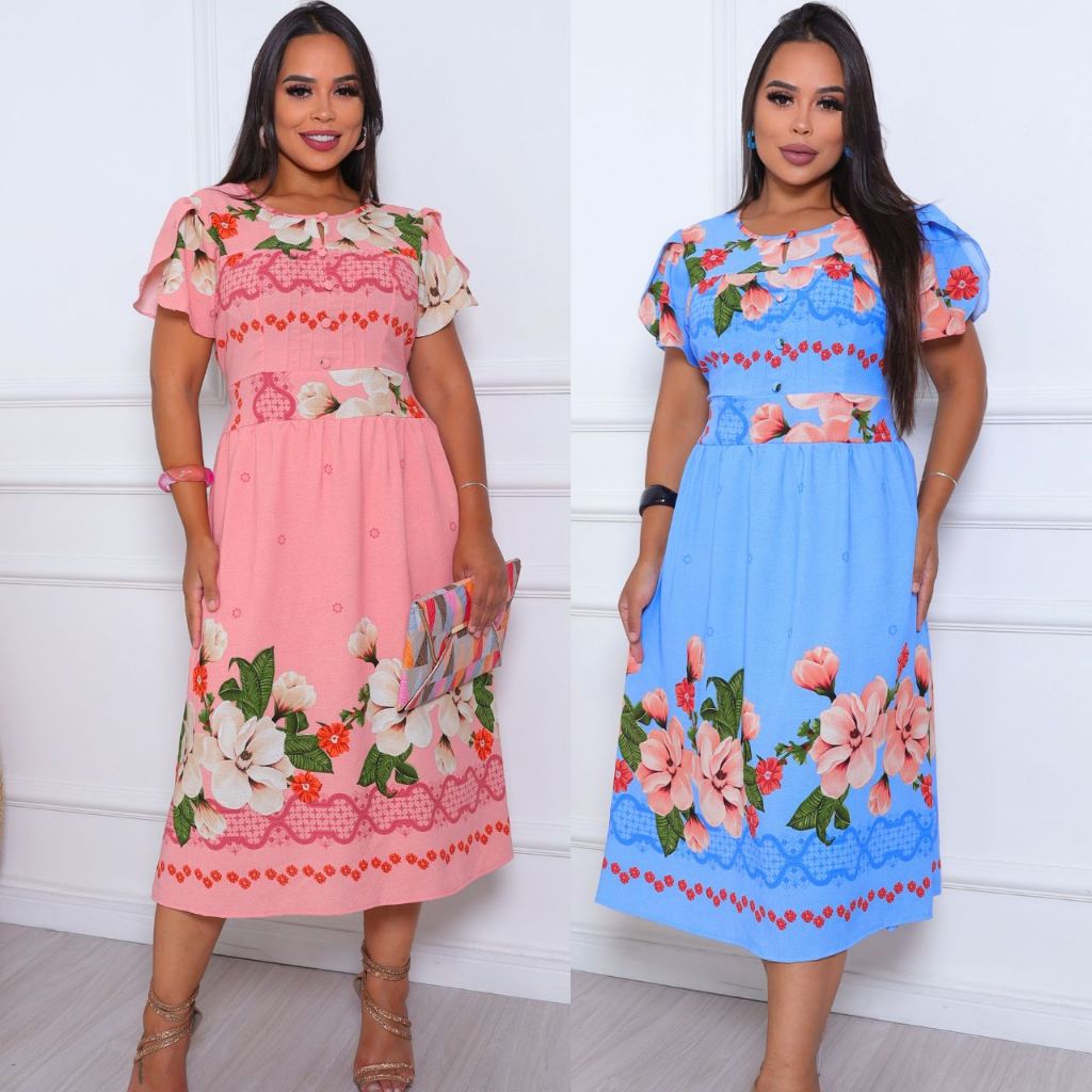 Vestido Midi Evangélico Feminino Duna Premium Estampado Elegante Manga Dupla Igreja Passeio G GG em Oferta na Shopee