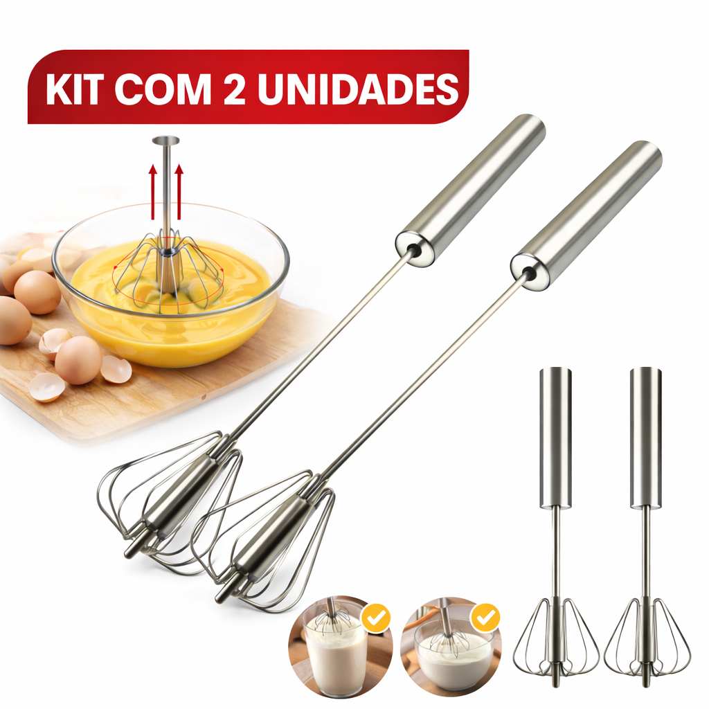 Kit 2 Fuê Semi Automático 35cm Batedor Inox Giratório Manual para Ovos Claras Massas Cremes Utensílio de Cozinha
