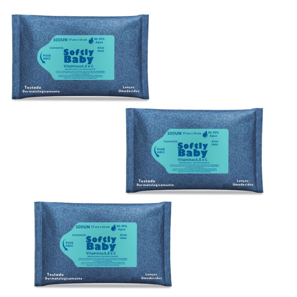 300Un Lenço Umedecido Baby Softly – com Vitaminas A, E, C, Aloe Vera e Camomila (3 pacotes )