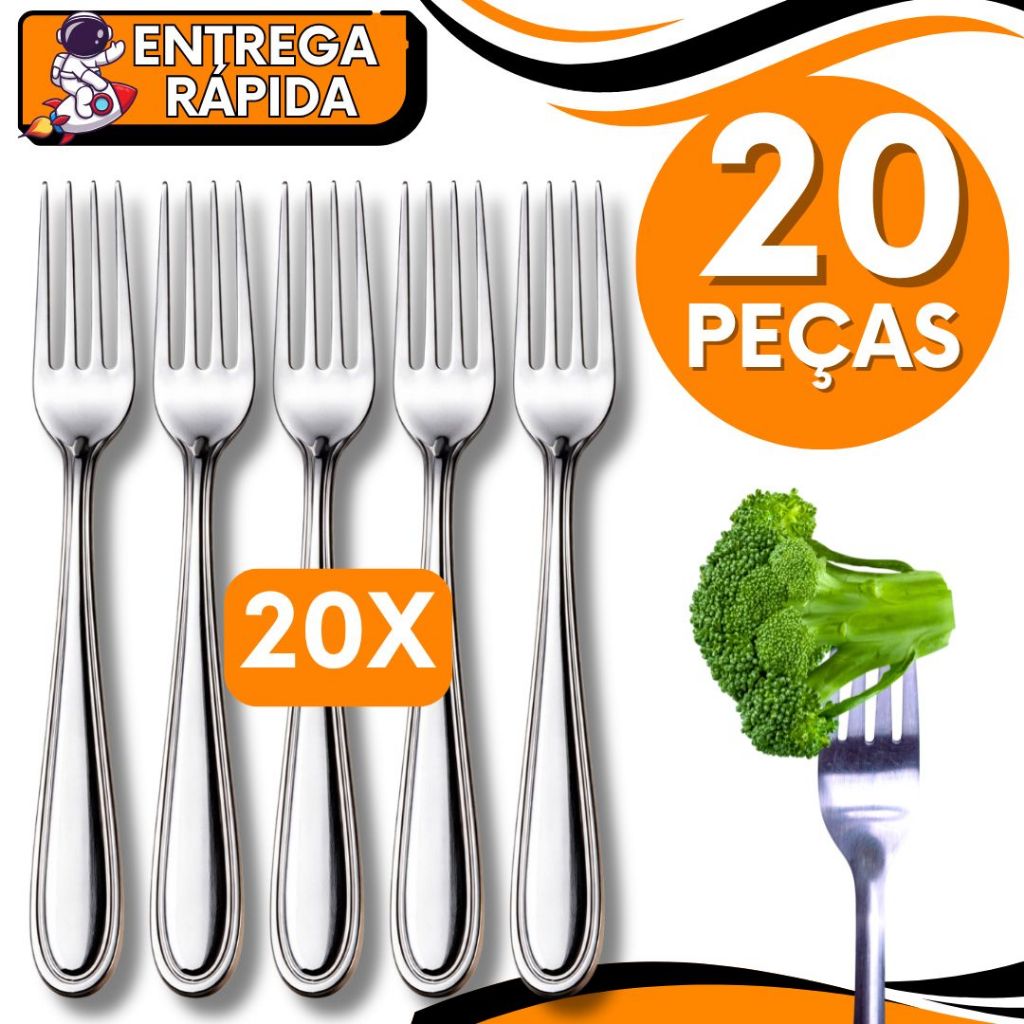 KIT 20 Garfo Mesa Arroz Risoto Pure Churrasco Aço Inox Resistente Talher Grande Casa Cozinha Restaurante Pizzaria