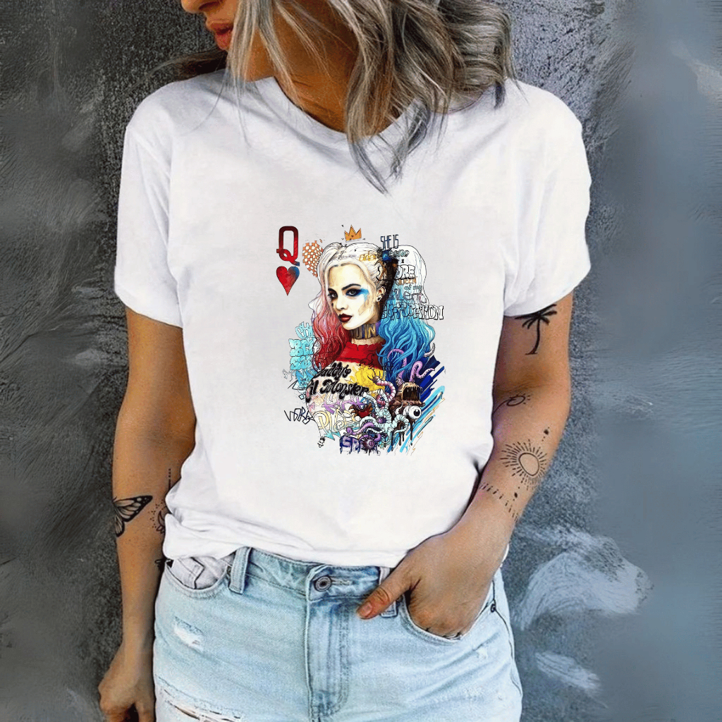 Camiseta Feminina Estampada Arlequina Confortavel Casual Dia a Dia 100% Algodão Envio Rapido em Oferta na Shopee