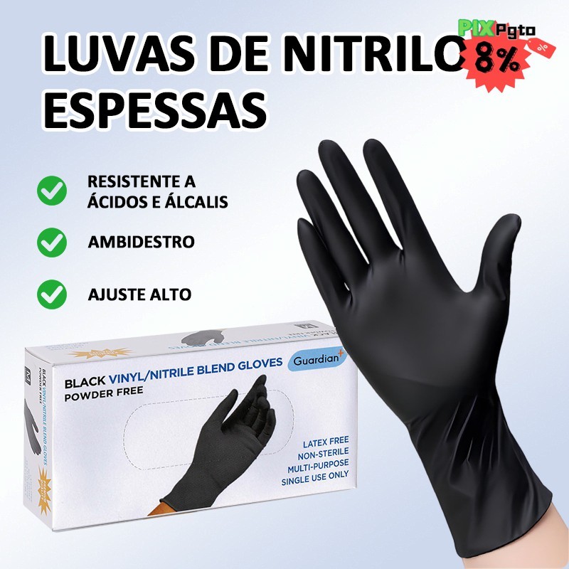 Luva Nitrílica Descartável Sem Pó Preta 100 Unidades - Uso Profissional e Doméstico