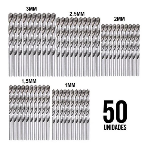 Jogo Kit 50 Brocas Aço Rapido 1mm 1,5mm 2mm 2,5mm 3mm (50pç)
