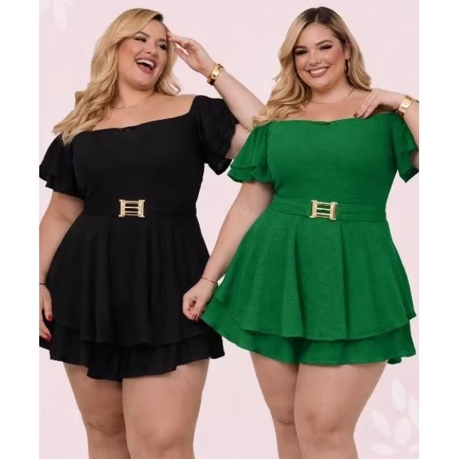 Macacão Plus Size Feminino Curto com camadas Macaquinho Tam Único 46 ao 52
