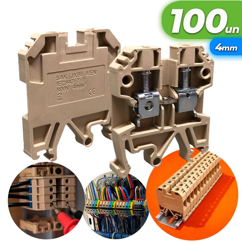 Kit 100x Conector Borne Sak de Passagem 4mm Bege SAKI Elétrico Fixação Trilho Din Conexão (Atacado)