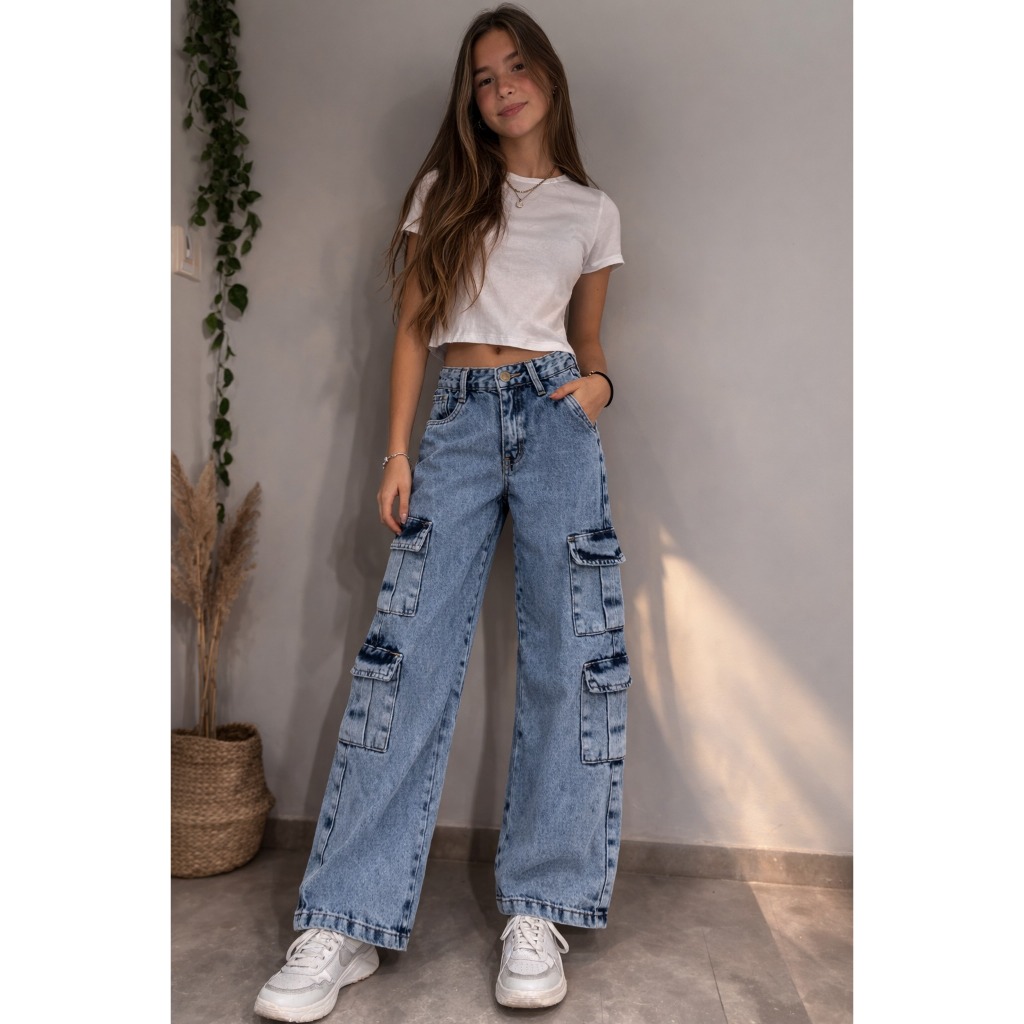Calça Cargo Infantil Juvenil 4 Bolso Wide Leg Jeans Feminina em Oferta na Shopee