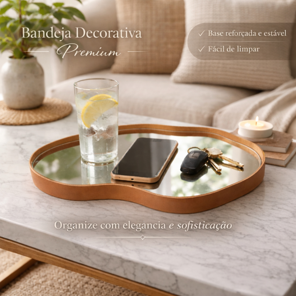 Detalhes do Bandeja Espelhada Decorativa Orgânico Couro Ecológico Premium 38x26cm Sala Quarto Banheiro Mesa Hall
