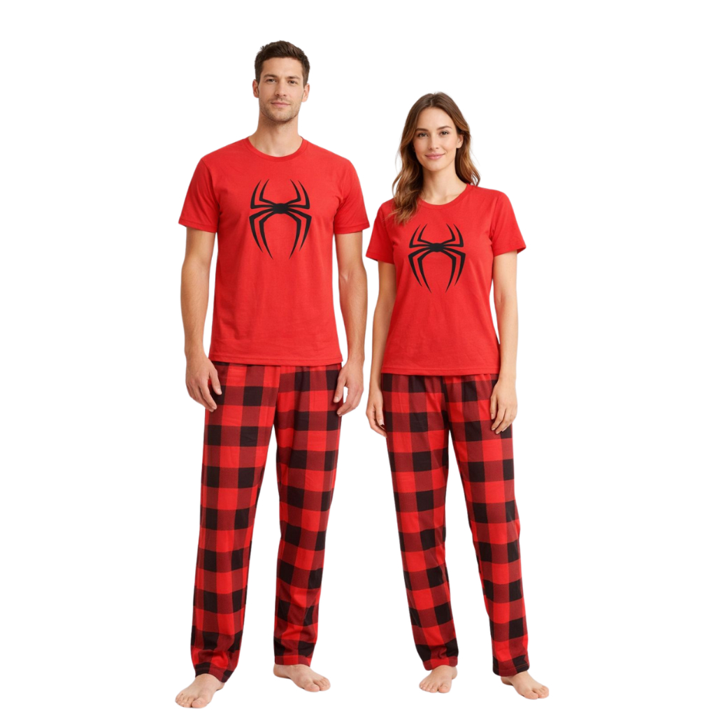 Kit Casal Pijama Homem Aranha Meia Estação Manga Curta + Calça Malha PV Adulto Promoção Personagem
