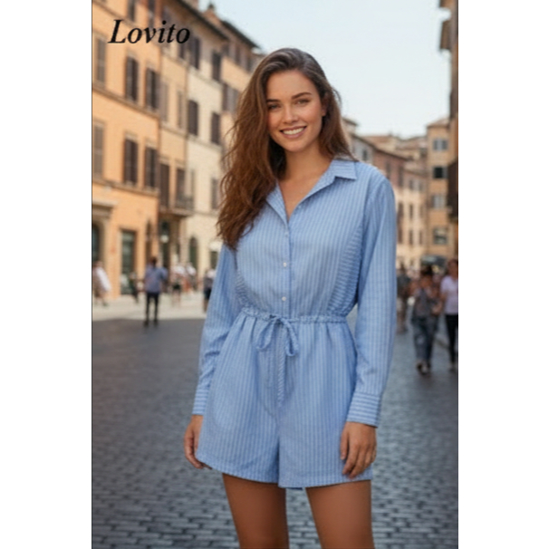 Macacão Elegante Listrado Com Bolso Falso E Botão Para Mulheres Tamanho: S (P)