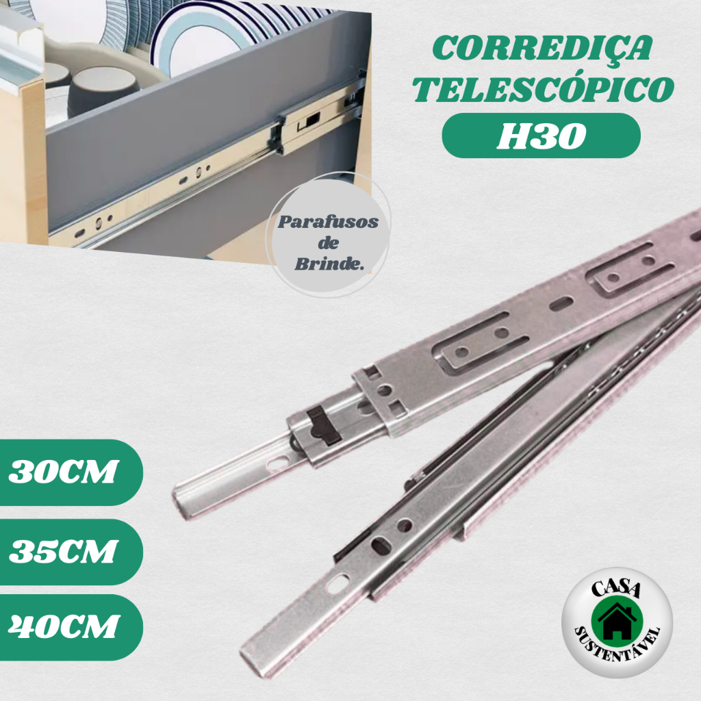 Corrediça Trilho Telescópico H30 Para Gaveta - 30cm, 35cm e 40cm - Corredica HD