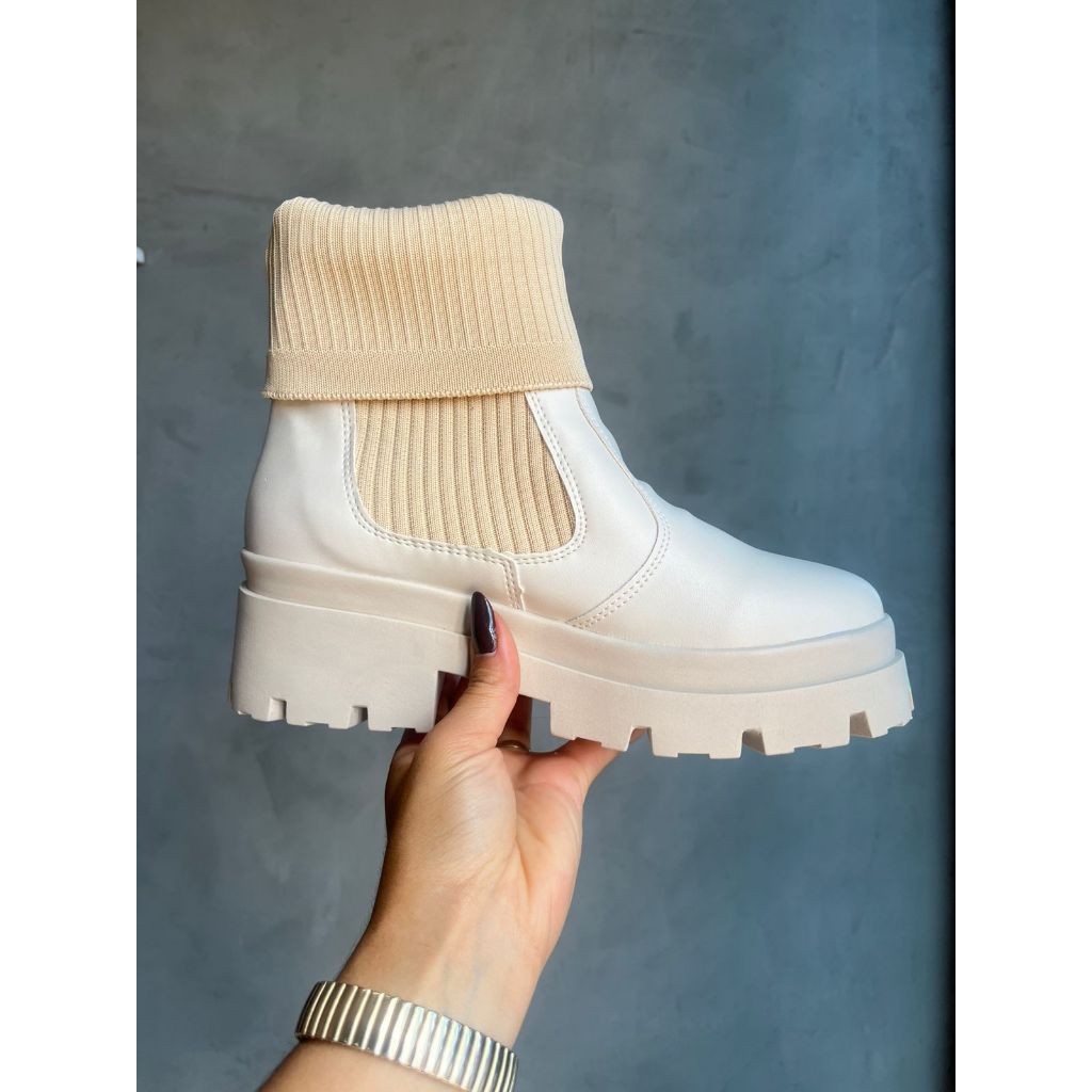 Bota Meia Feminina Sola Tratorada Casual Moda Sofisticado Inverno Off White