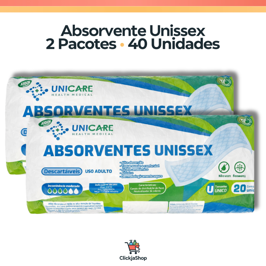2 Pct de Absorventes Unissex de Uso Adulto 40 Uni. | Geriátrica e Pós-Parto + ALTA ABSORÇÃO