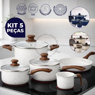 Jogo de Panelas 5 Peças Cerâmica Antiaderente Fogão à Gás e Indução em Oferta na Shopee