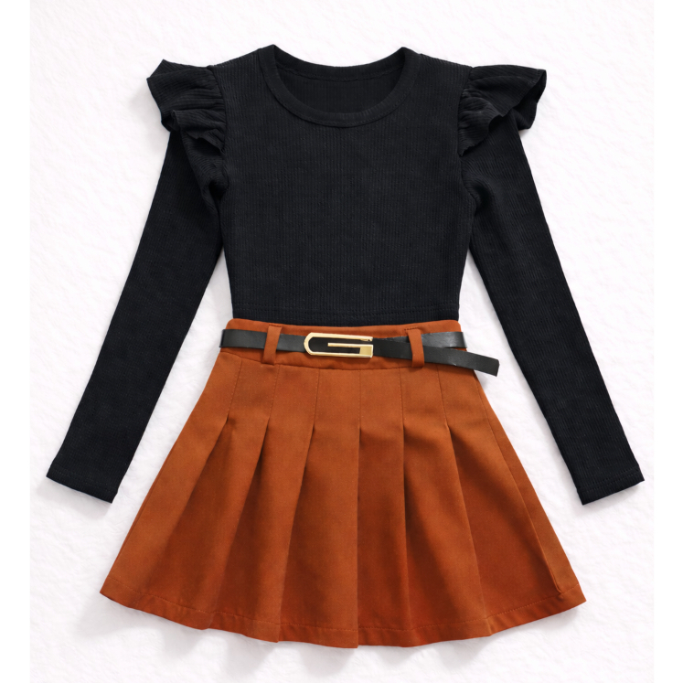 Conjunto 3 Peças blusa manga longa + short saia com cinto Menina infantil tamanhos 4,6,8,10,12