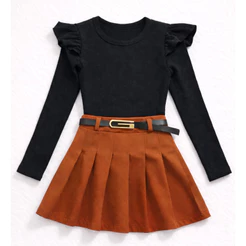 Conjunto 3 Peças blusa manga longa + short saia com cinto Menina infantil tamanhos 4,6,8,10,12