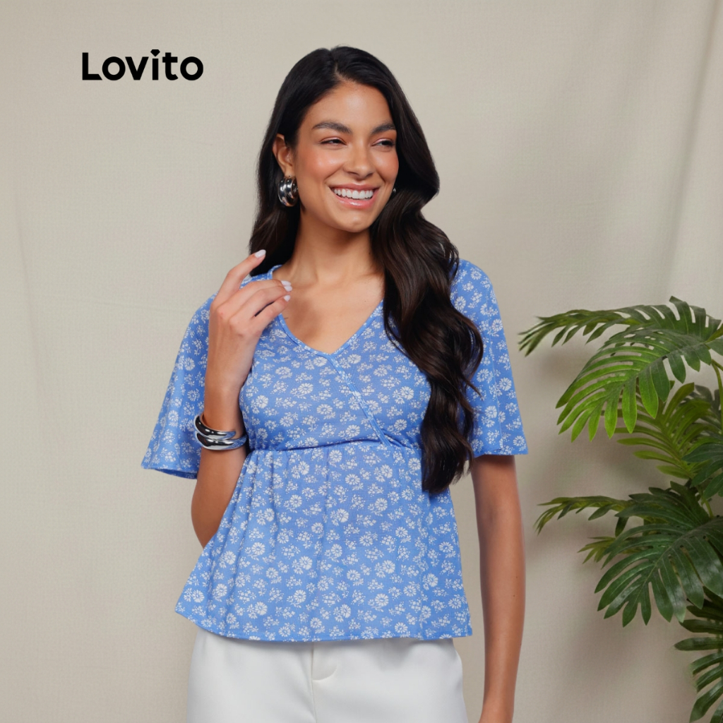 Lovito Blusa Transpassada Manga Curta Moda Feminina BRBLB1236BRL1266 em Oferta na Shopee