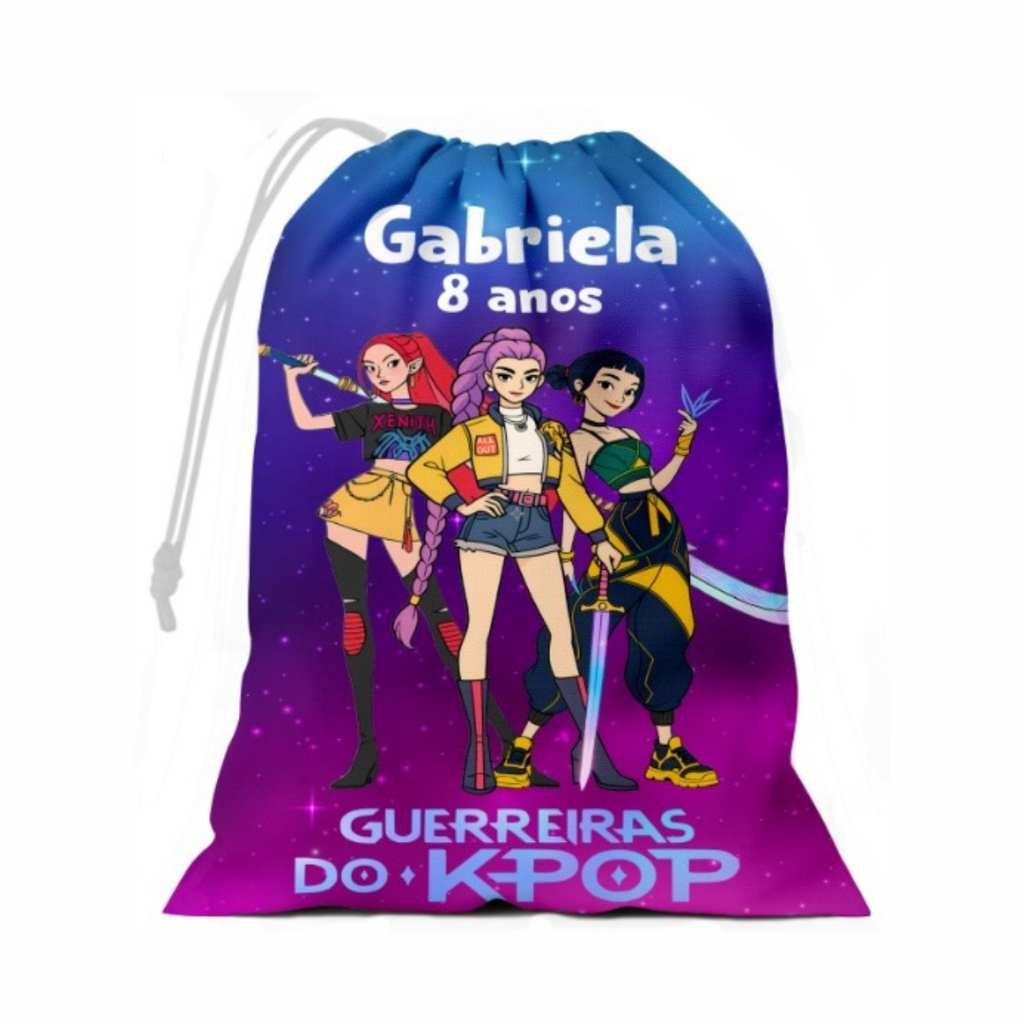 Saquinho surpresa Guerreiras do Kpop Lembrancinha Aniversário em Tecido 20x15 Personalizado com Nome e Idade