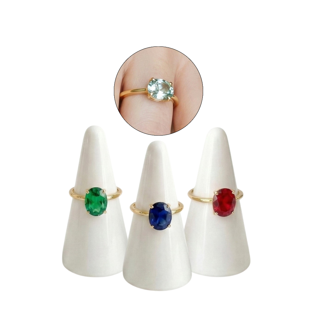(SEMI JOIA) ANEL SOLITARIO REGULAVEL OVAL ZIRCONIA OURO18K ANTIALERGICO