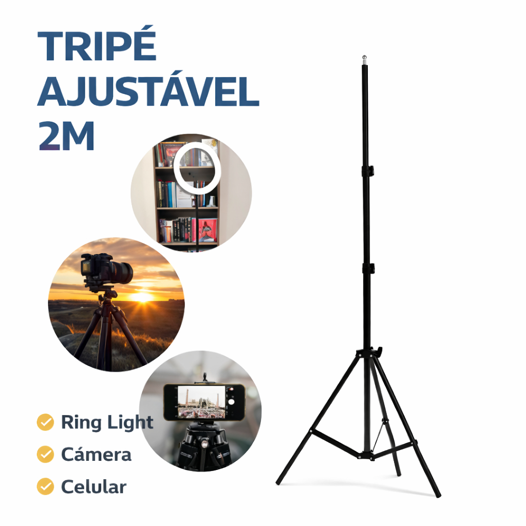 Tripé Ajustável 2m para Iluminação Estúdio Ring Light Câmera Celular Projetor