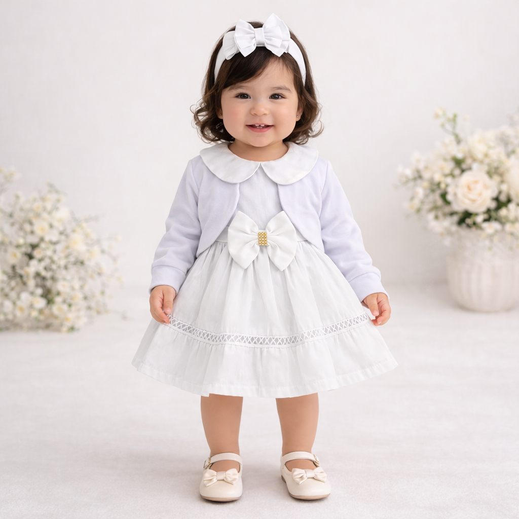 Vestido Com Bolero Infantil Bebê Menina Kit 3 peças Fofo Batizado Festa Acompanha Tiara Delicada