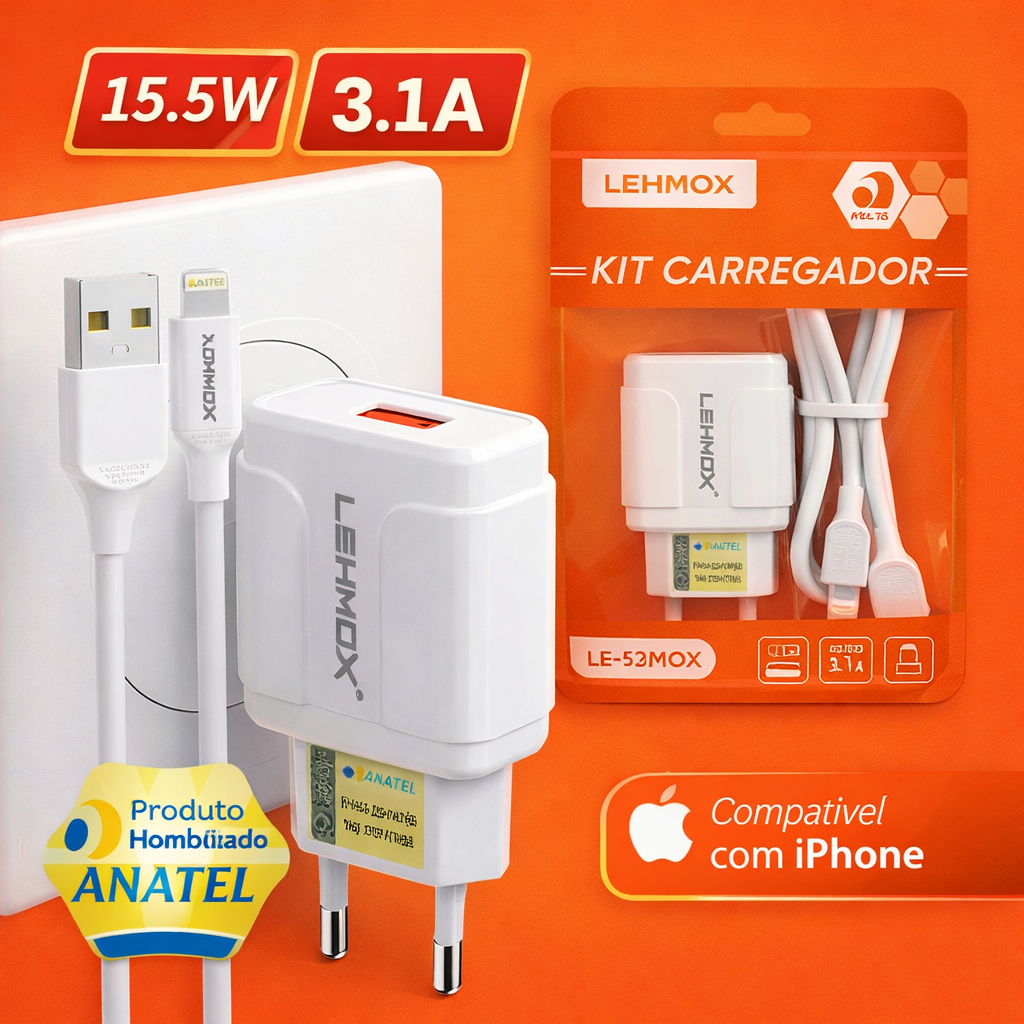 Carregador iPhone  Turbo LEHMOX+ Cabo  Para iPhone Ligthning | Homologado ANATEL