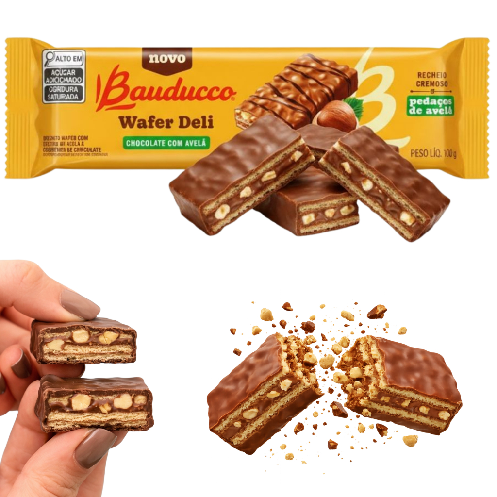 Biscoito Crocante Bauducco Wafer Deli com Recheio Cremoso de Chocolate com pedaços de Avelã em Oferta na Shopee