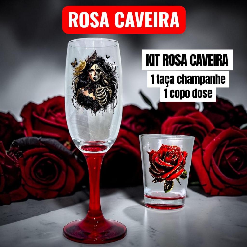 KIT ROSA CAVEIRA POMBA GIRA VERMELHO E DOURADO - TAÇA CHAMPANHE E COPO DE DOSE FEITOS A MÃO TAÇA OFERENDA UMBANDA