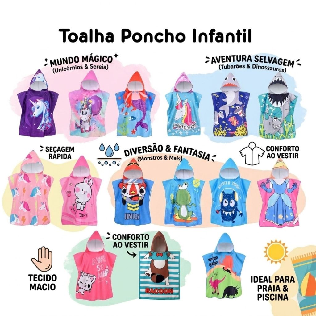Toalha Poncho com Capuz Infantil Personagens