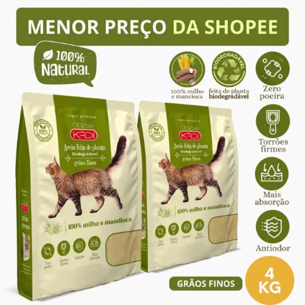 Kit 02 Areia Biodegradável Kadi Grãos Finos Gatos 2kg Grão Fino Gato Kit TOTAL 4KG Milho e Mandioca