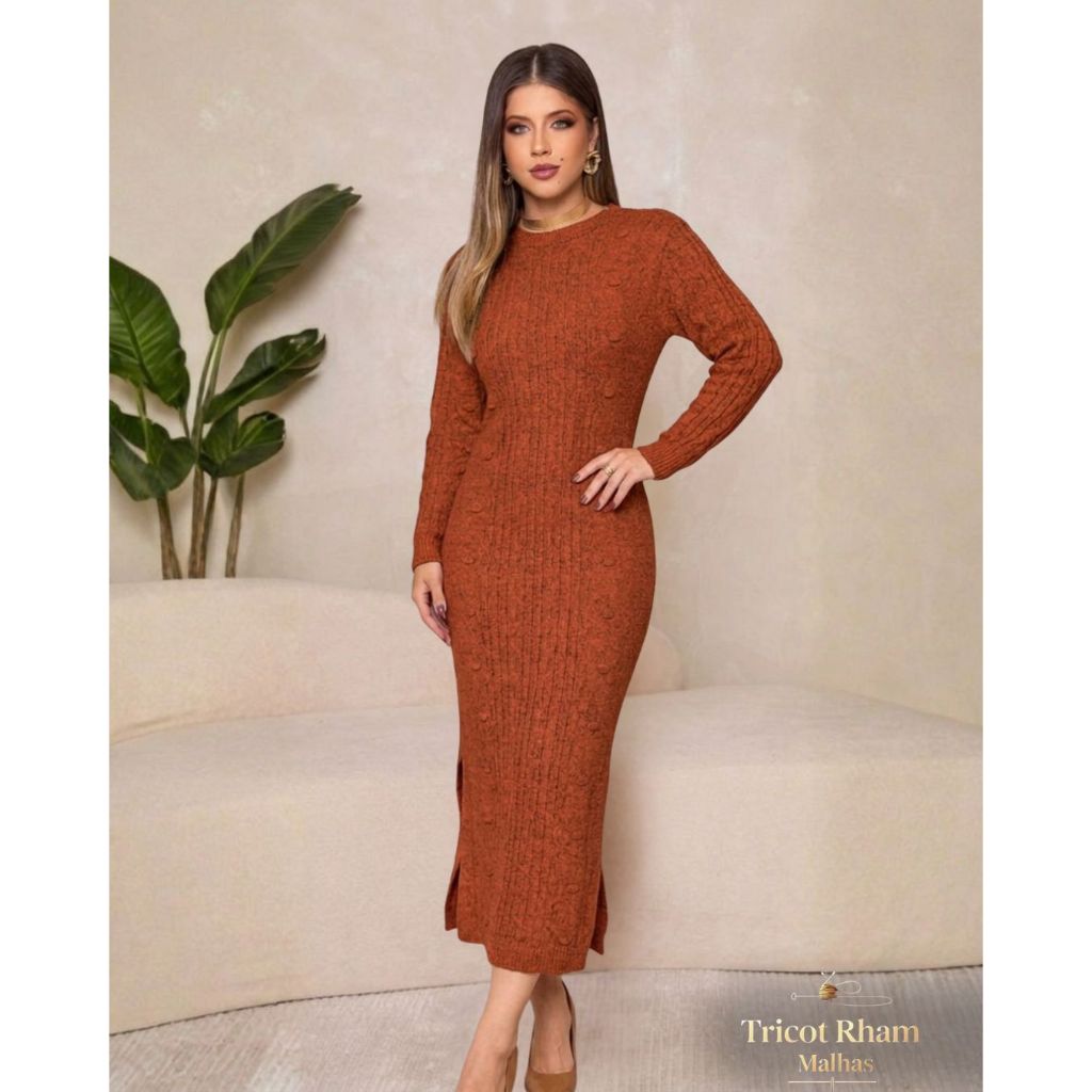 Vestido Longo Feminino Tricot Manga Longa Fenda Lateral Tricô Moda Inverno