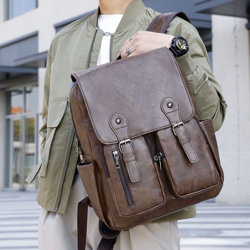 Mochila masculina estilo retrô casual para notebook em couro PU mochila de negócios e lazer em Oferta na Shopee