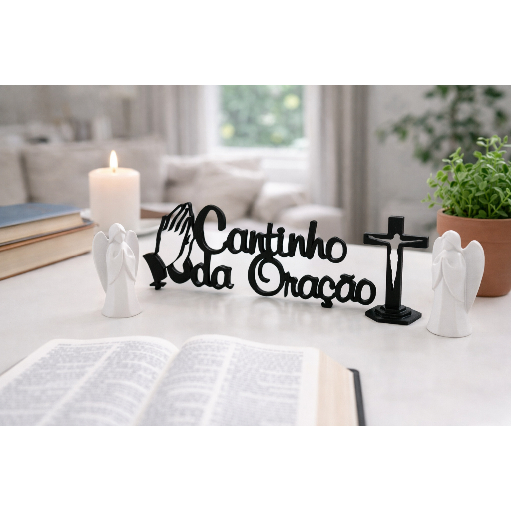 Kit Decorativo Religioso Cantinho da Oração com Cruz, Anjos e Letreiro – 10cm – Decoração Cristã para Casa