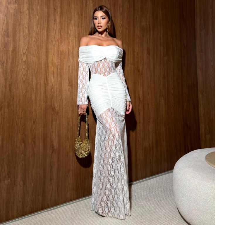 Vestido Longo renda ombro a ombro | Elegante em Oferta na Shopee