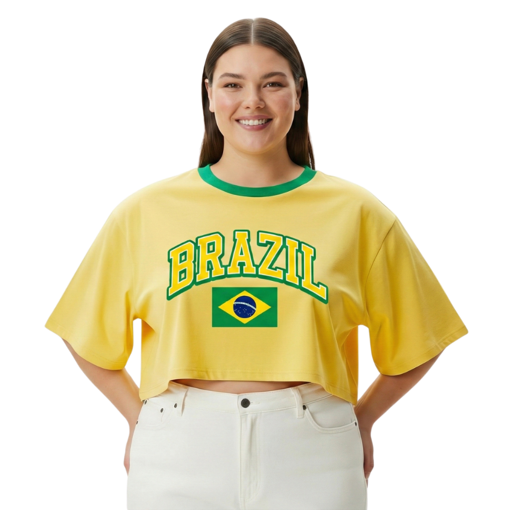 Blusinha Plus Size Cropped Algodão Estampado Brasil Copa do Mundo 2026